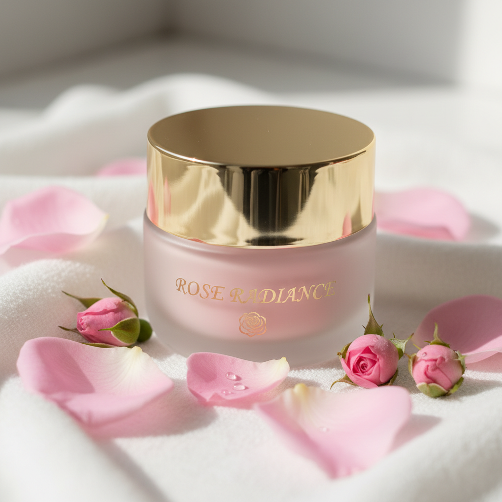 Luxurious rose face cream in elegant glass jar with gold lid surrounded by fresh pink rose petals