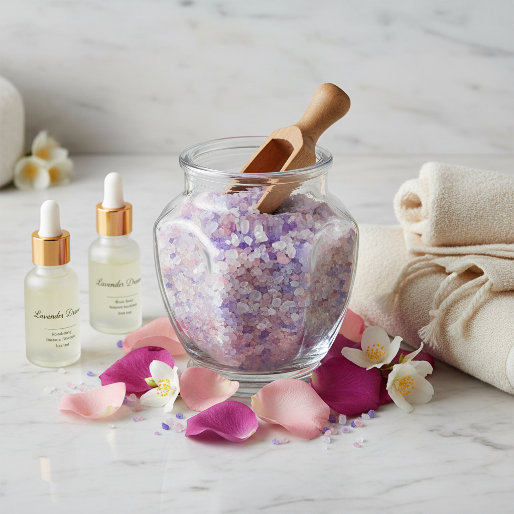 Glass jar filled with colorful pink purple and white bath crystals with wooden scoop surrounded by flower petals on marble surface