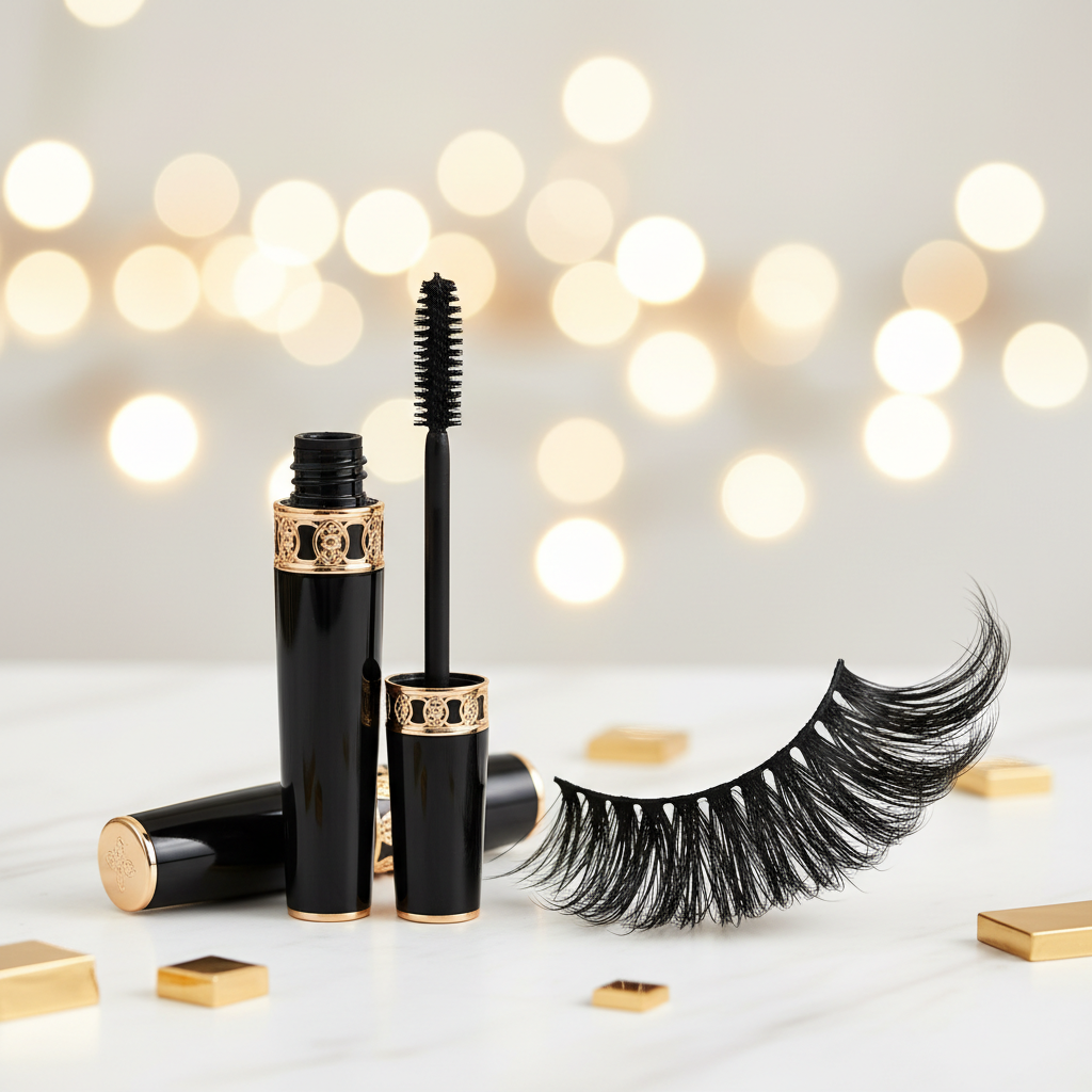 Luxury mascara wand and tube in black and gold packaging with dramatically long voluminous lashes on white marble surface