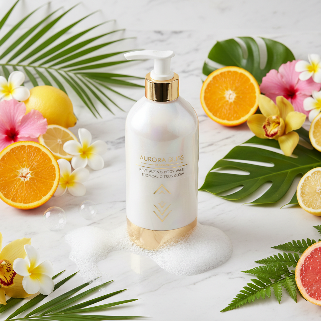 Luxury body wash bottle with pump dispenser surrounded by tropical flowers and citrus slices on white marble
