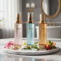 Three elegant luxury body spray bottles with gold accents arranged on white marble with flower petals