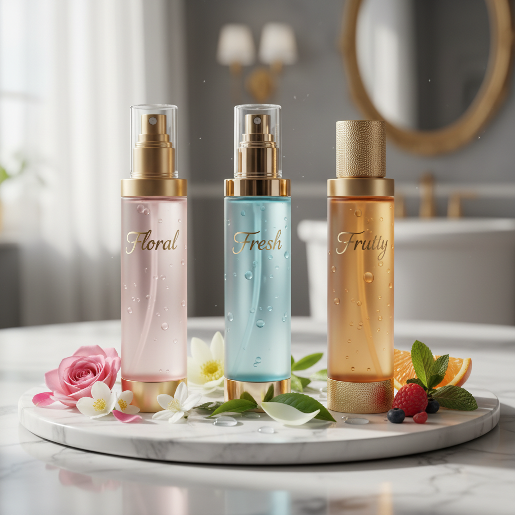 Three elegant luxury body spray bottles with gold accents arranged on white marble with flower petals