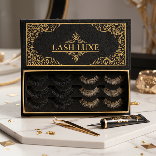 Luxurious foam mink false eyelashes in elegant black and gold packaging box with tweezers on white marble surface