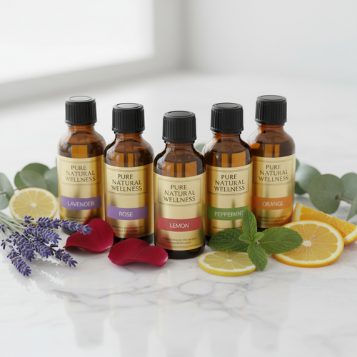 Collection of six premium aromatherapy essential oil bottles in amber glass with gold labels surrounded by fresh botanicals on white marble