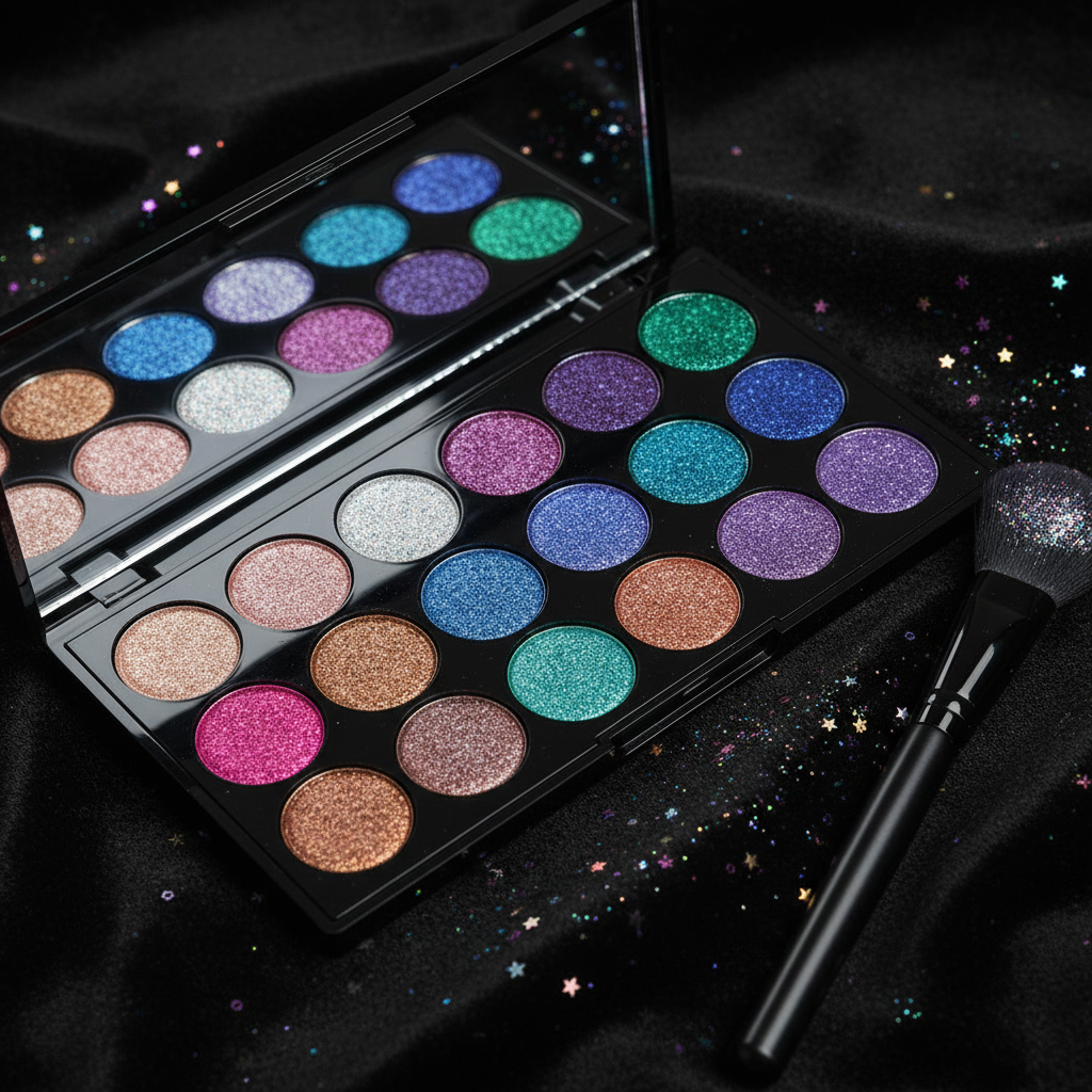 Stunning glitter eyeshadow palette with 12 dazzling shades on black velvet with scattered glitter and sparkles