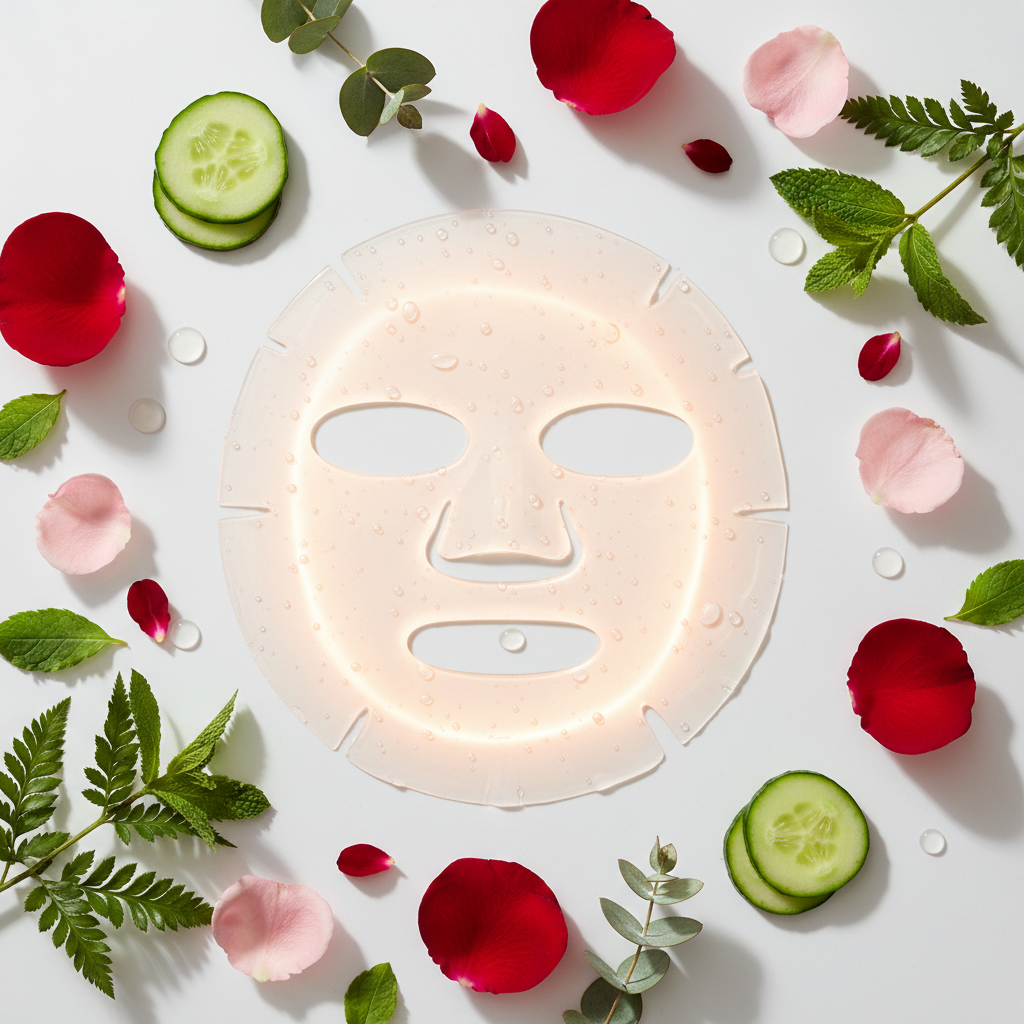 Luxury facial sheet mask surrounded by fresh cucumber slices and rose petals on white background