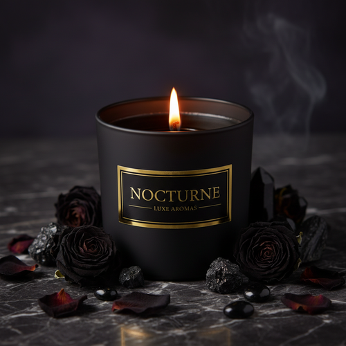 Dramatic dark luxury scented candle in matte black jar with gold label surrounded by dark dried roses and black crystals