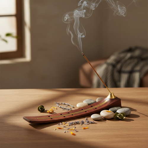 Beautiful decorative incense holder in dark wood and brass with lit incense stick and wisp of smoke