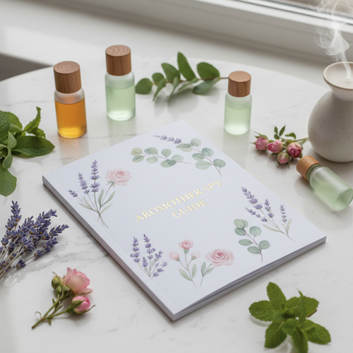 Elegant aromatherapy guide booklet with botanical illustrations and gold lettering surrounded by essential oils and fresh herbs