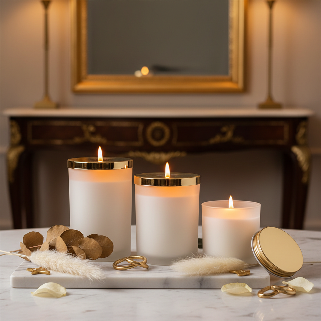 Three luxury scented candles in frosted glass jars with gold lids glowing warmly on marble surface with dried botanicals